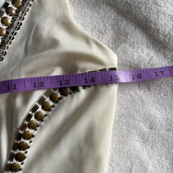 Bebe Cream Bodycon Sleeveless Mini Dress with Gold Studs & Sequins - Sexy Party - Picture 13 of 16